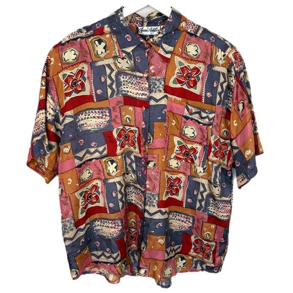 Vintage Silk Abstract Pattern Short Sleeve Button Up Shirt - Women's Size XL - Picture 1 of 4
